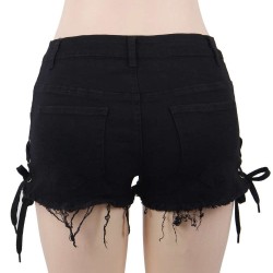 Black Broken Holes Lace Up Shorts Sexy Summer Jeans Shorts