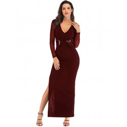 Dark Red Sequined Decorative Transparent Lace Long Sleeve High Slit Long Dress Dark Red Sequined Decorative Transparent Lace Long Sleeve High Slit Long Dress