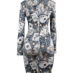 Fashion Poker printing Long Sleeve Bodycon Dress