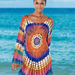 Long Sleeve Rainbow Knitted Handmade Crochet Hollow Beach Dress 