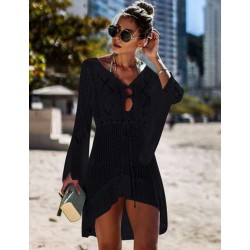 Long Sleeve Black Knitted Handmade Crochet Hollow Beach Dress  Long Sleeve Black Knitted Handmade Crochet Hollow Beach Dress