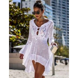 Long Sleeve White Knitted Handmade Crochet Hollow Beach Dress  Long Sleeve White Knitted Handmade Crochet Hollow Beach Dress
