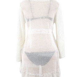Long Sleeve White Knitted Handmade Crochet Hollow Beach Dress 